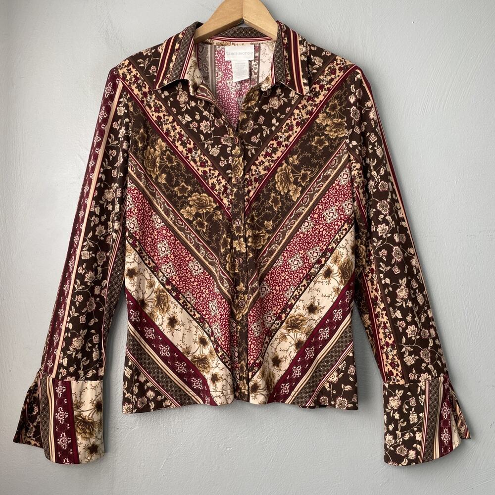Worthington Top Size Small Retro Floral Y2K 70s Festival Boho Hippie Bell Sleeve